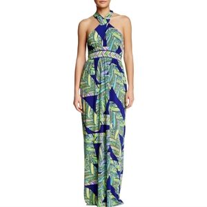 Trina Turk Tropical Palm Leaf Print Halter Neck Maxi Dress